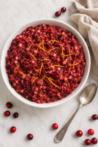 Fresh cranberry relish with orange and apple served in a white bowl and garnished with orange zest.