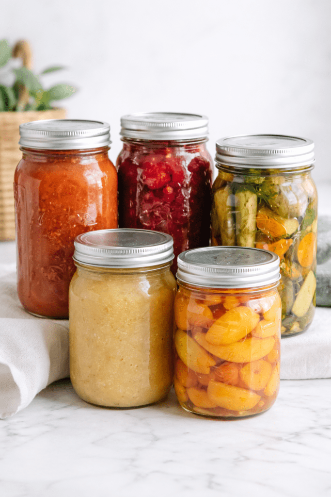 Five mason jars filled with homemade tomato sauce, strawberry jam, pickles, applesauce, and canned peaches on a white marble countertop.