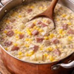 Creamy smoky ham, potato and corn chowder cooking in a copper pot with a wooden spoon.