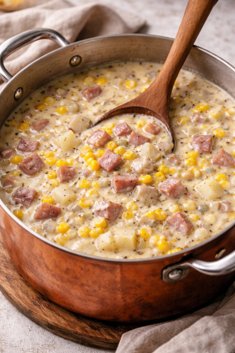 Creamy smoky ham, potato and corn chowder cooking in a copper pot with a wooden spoon.