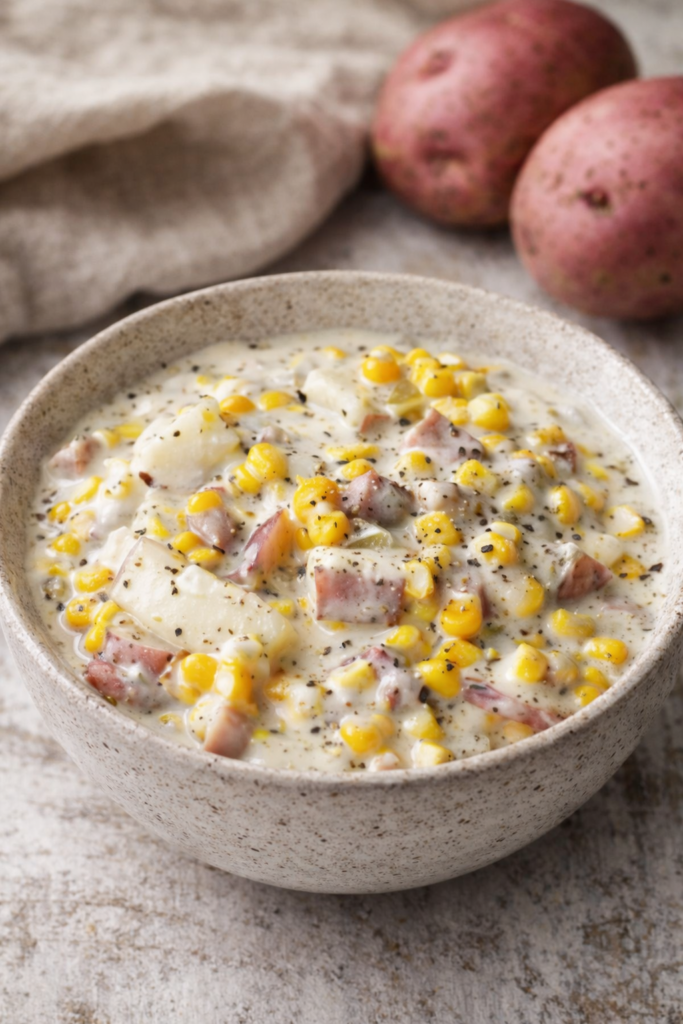 Creamy smoky ham, potato and corn chowder in a neutral ceramic bowl on a light marble background with soft natural lighting.