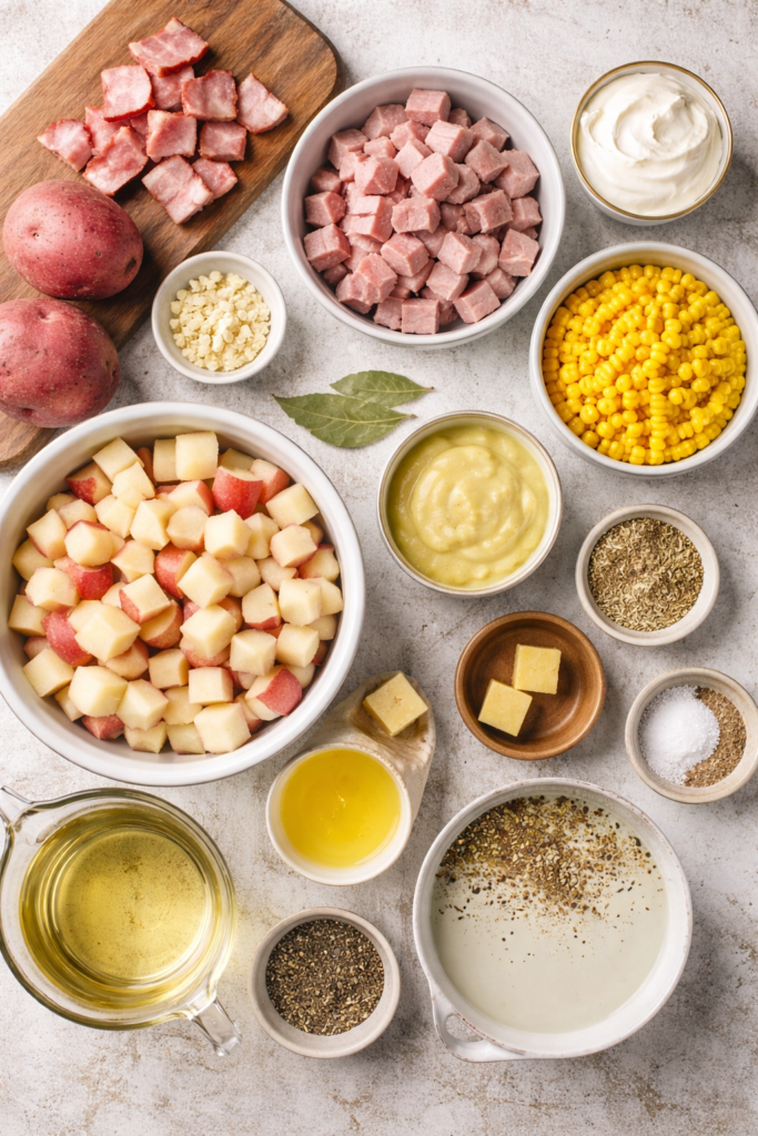 Flat lay of ingredients for smoky ham, potato and corn chowder including diced ham, red potatoes, corn, bacon, cream cheese and seasonings on a light marble background.