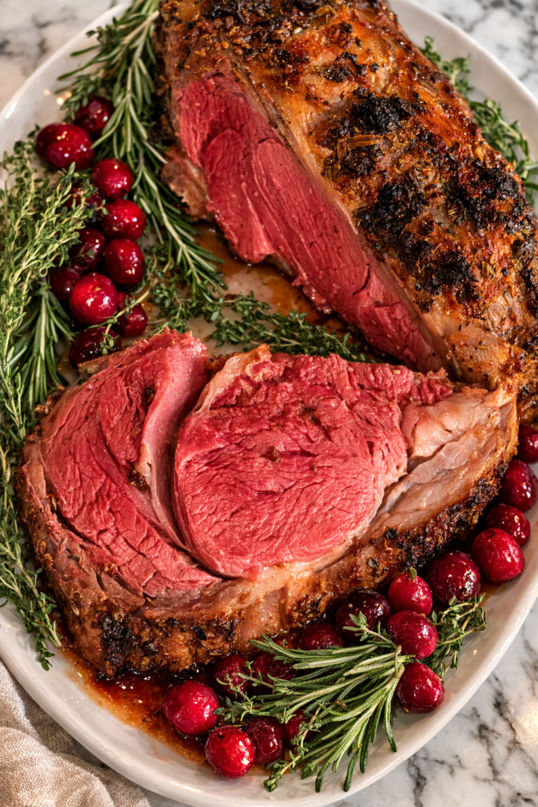 herb butter prime rib roast sliced on platter with rosemary and cranberries