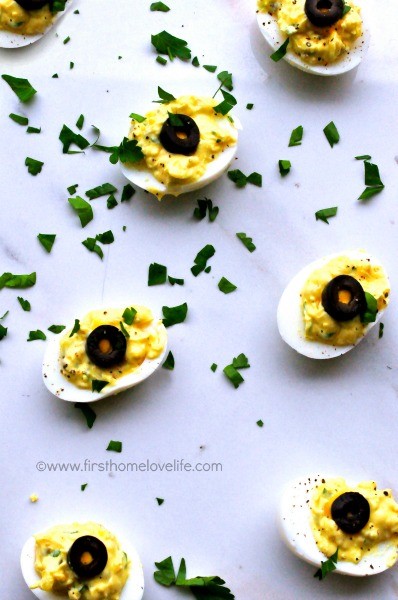 delicious sweet and tangy deviled eggs- the perfect appetizer for the holidays! via firsthomelovelife.com
