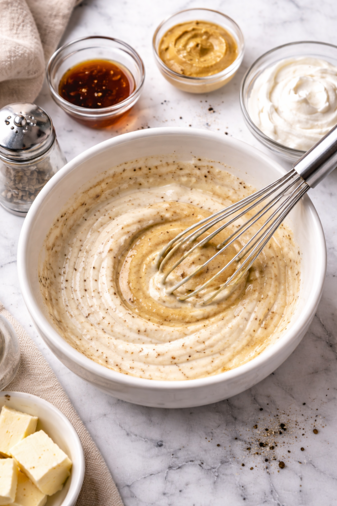 Mixing creamy Dijon pub sauce in a white bowl with sour cream, mustard, and Worcestershire sauce on a marble countertop