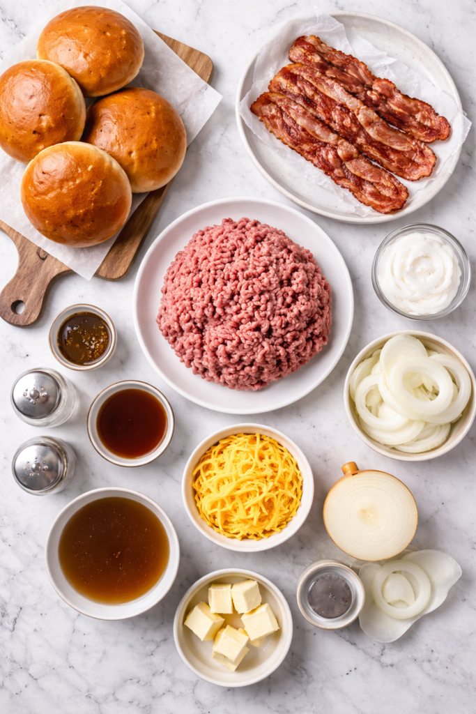 Flat lay of Irish pub burger ingredients including ground beef, brioche buns, bacon, cheddar cheese, sliced onions, and sauce ingredients on a marble background