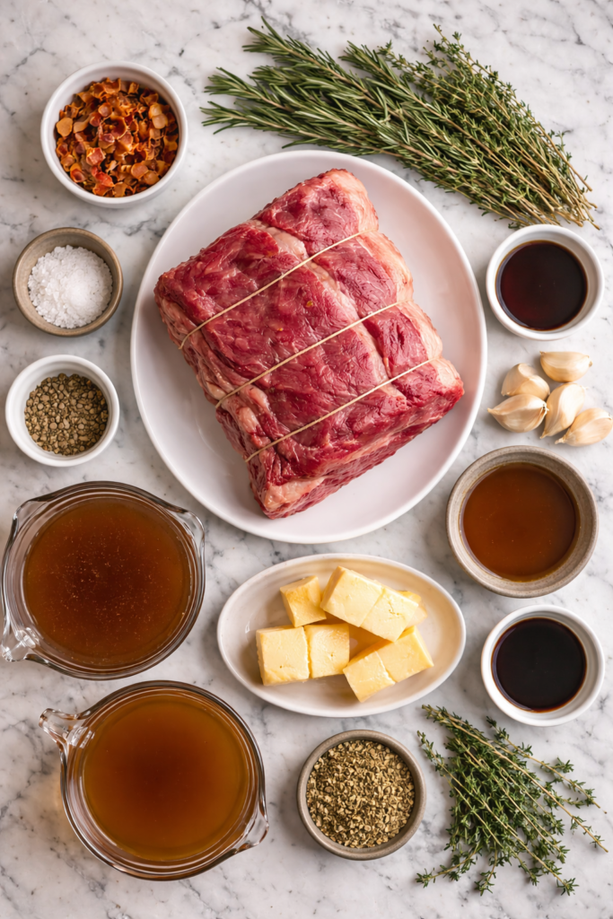 ingredients for herb butter prime rib roast on marble countertop flat lay
