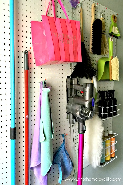 DIY Garage Pegboard Organizer For Brooms And Cleaning Supplies