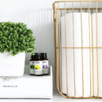 laundry room shelf organization with gold wire basket toilet paper and plant decor