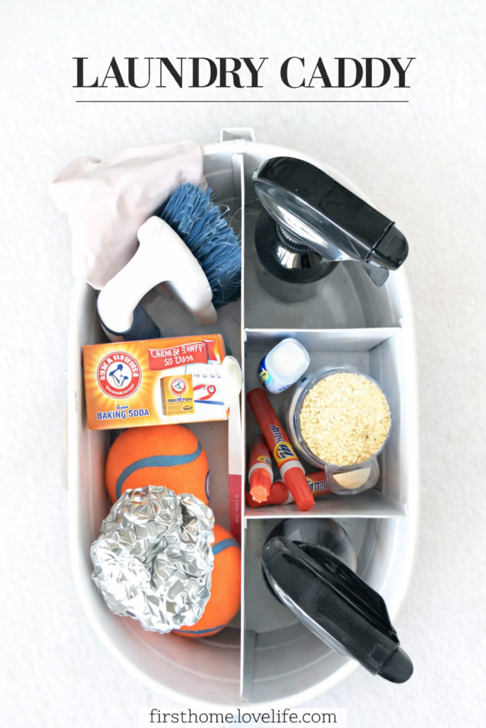 laundry stain remover caddy with baking soda dryer balls and cleaning tools