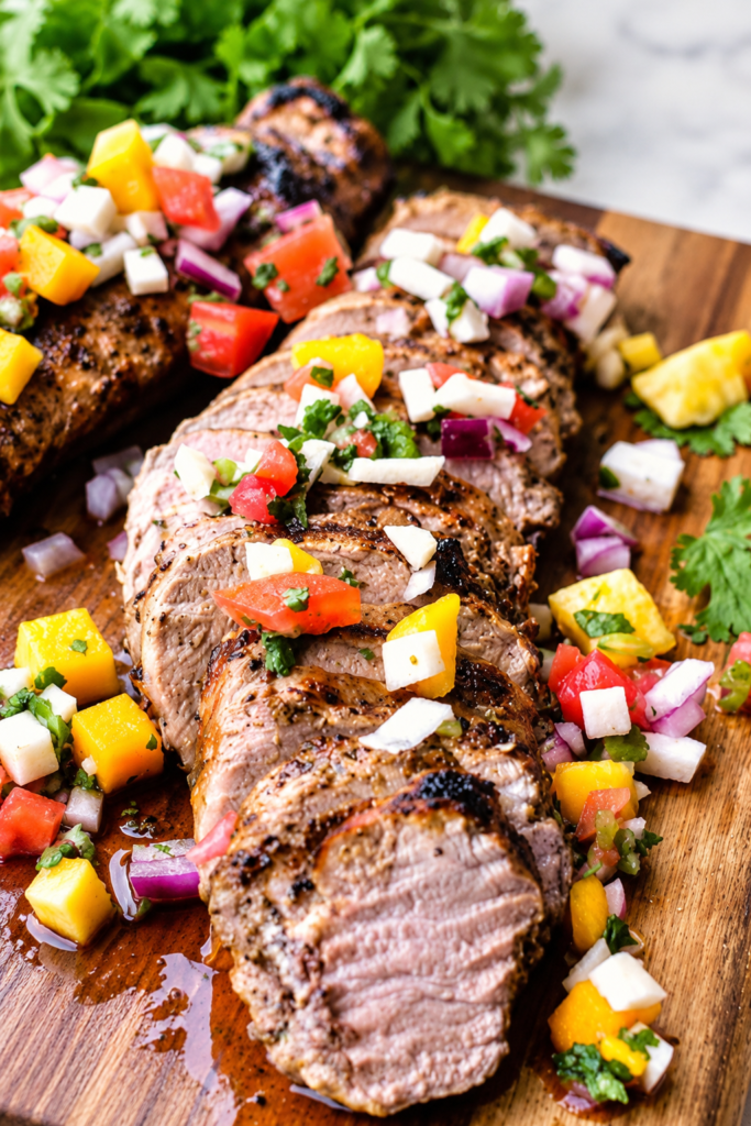 Close-up of sliced mojo pork tenderloin topped with fresh mango salsa on a wooden board.