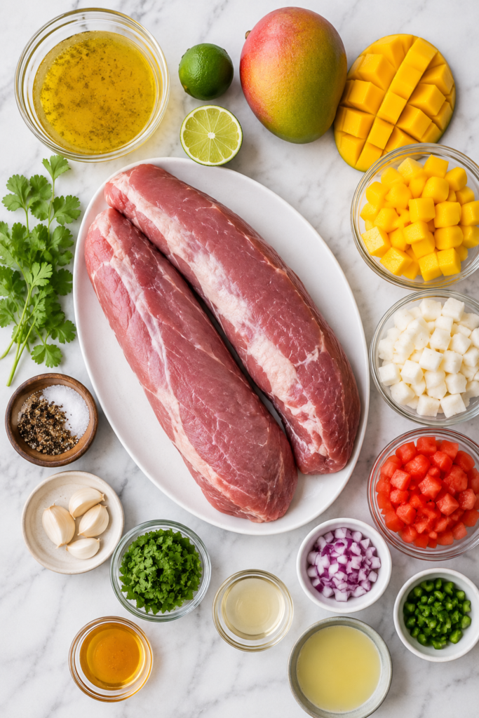 Flat lay of ingredients for mojo pork tenderloin with mango salsa on a white marble countertop.