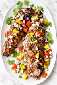 Juicy grilled mojo pork tenderloin topped with fresh mango salsa on a white platter over a marble countertop.