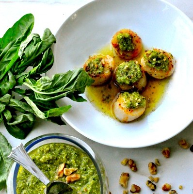 Scallops with Walnut Basil Pesto