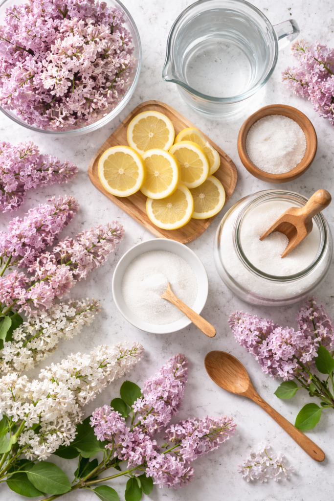 Flat lay of fresh pink and white lilacs with lemons, sugar, citric acid, and water for making homemade lilac simple syrup