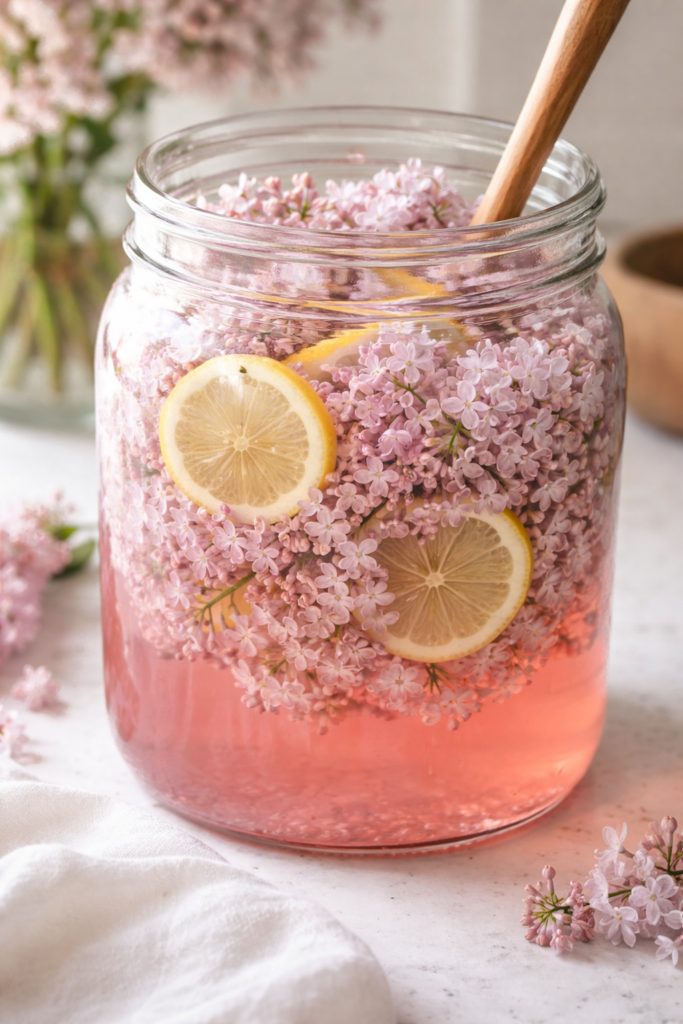 Fresh lilac blossoms and lemon slices steeping in simple syrup inside a glass jar on a white surface