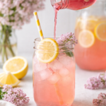 Lilac simple syrup being poured into a mason jar of homemade lemonade with lemon slices and fresh lilac flowers