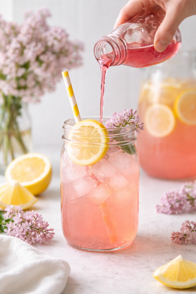 Lilac simple syrup being poured into a mason jar of homemade lemonade with lemon slices and fresh lilac flowers
