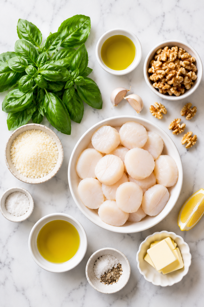 Fresh ingredients for pan seared scallops with walnut basil pesto arranged on a marble countertop including sea scallops, basil, walnuts, Parmesan cheese, garlic, olive oil, butter, lemon, salt, and pepper.