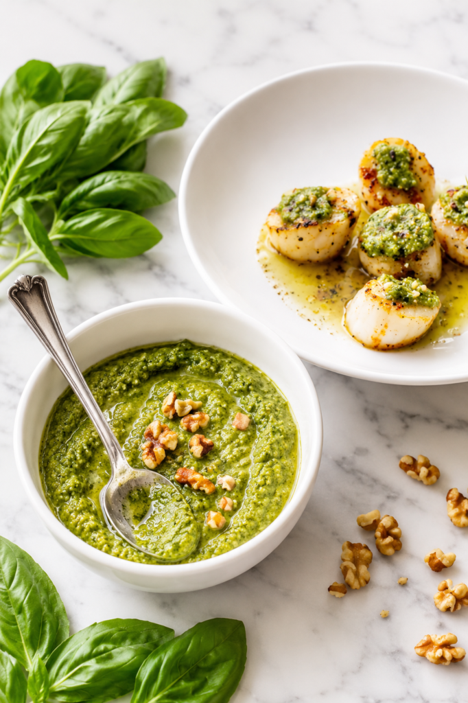 Pan seared sea scallops topped with walnut basil pesto served in a white bowl alongside homemade pesto on a white marble countertop.