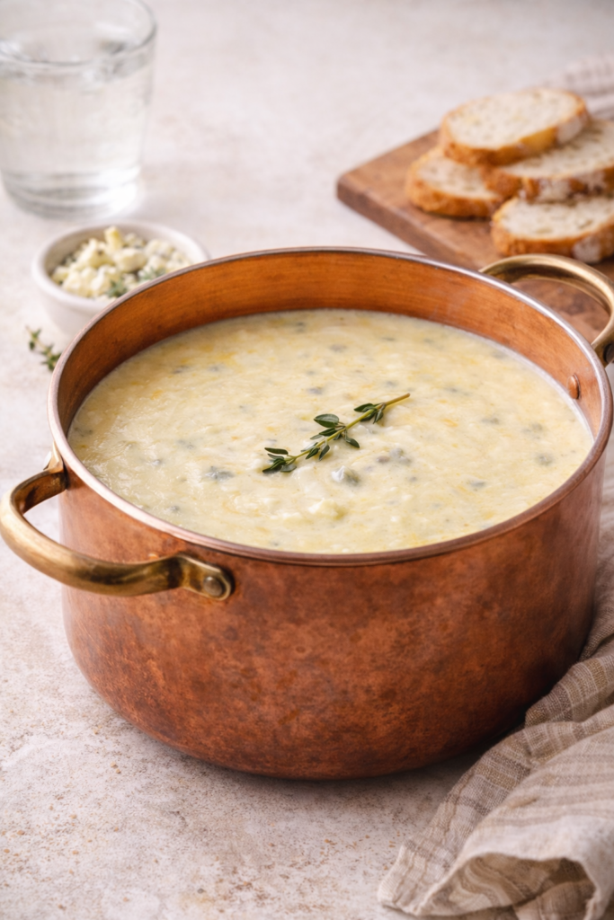 Creamy two cheese potato and cauliflower soup simmering in a copper pot with fresh thyme and crusty bread.