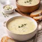 Vertical image of creamy two cheese potato and cauliflower soup served in neutral ceramic bowls with fresh thyme and crusty bread.