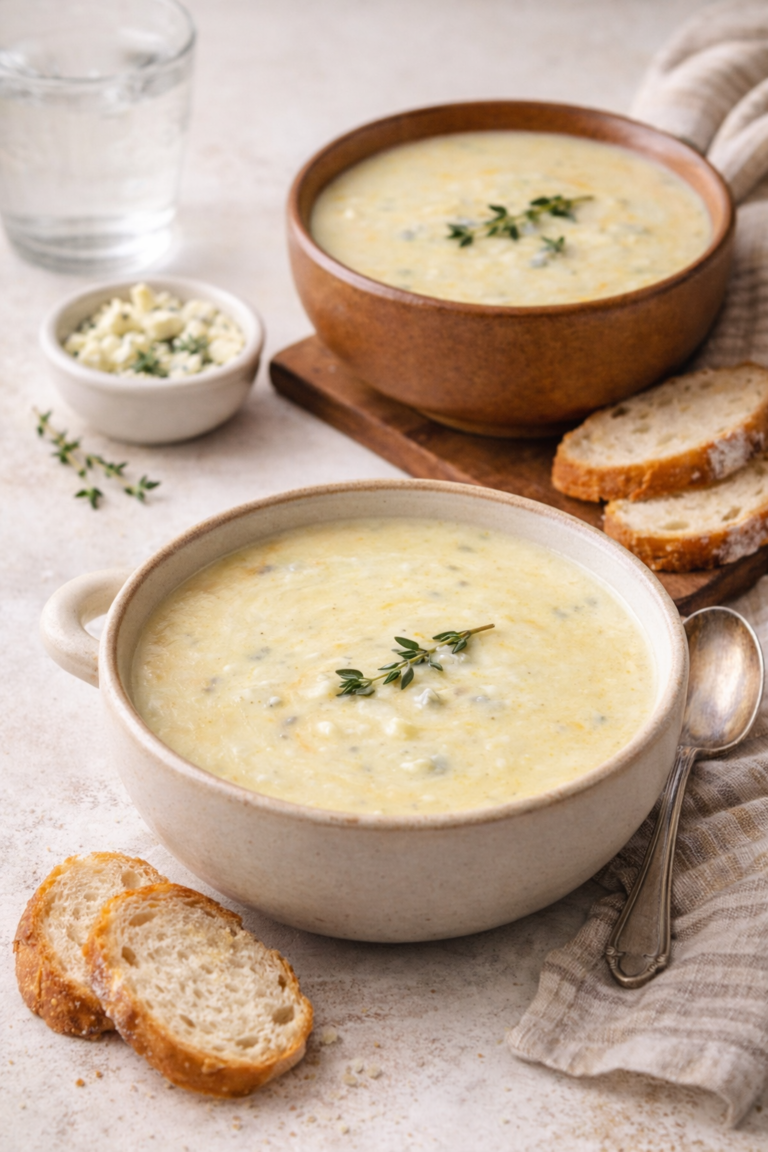 Vertical image of creamy two cheese potato and cauliflower soup served in neutral ceramic bowls with fresh thyme and crusty bread.