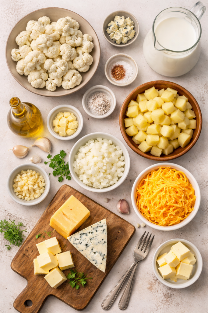 Vertical flat lay of ingredients for creamy two-cheese potato and cauliflower soup including Yukon Gold potatoes, cauliflower florets, milk, cheddar cheese, blue cheese, onion, garlic, butter, and seasonings.