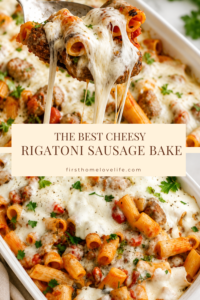Pinterest pin featuring cheesy baked rigatoni and Italian sausage casserole with a mozzarella cheese pull and text overlay reading The Best Cheesy Rigatoni Sausage Bake.