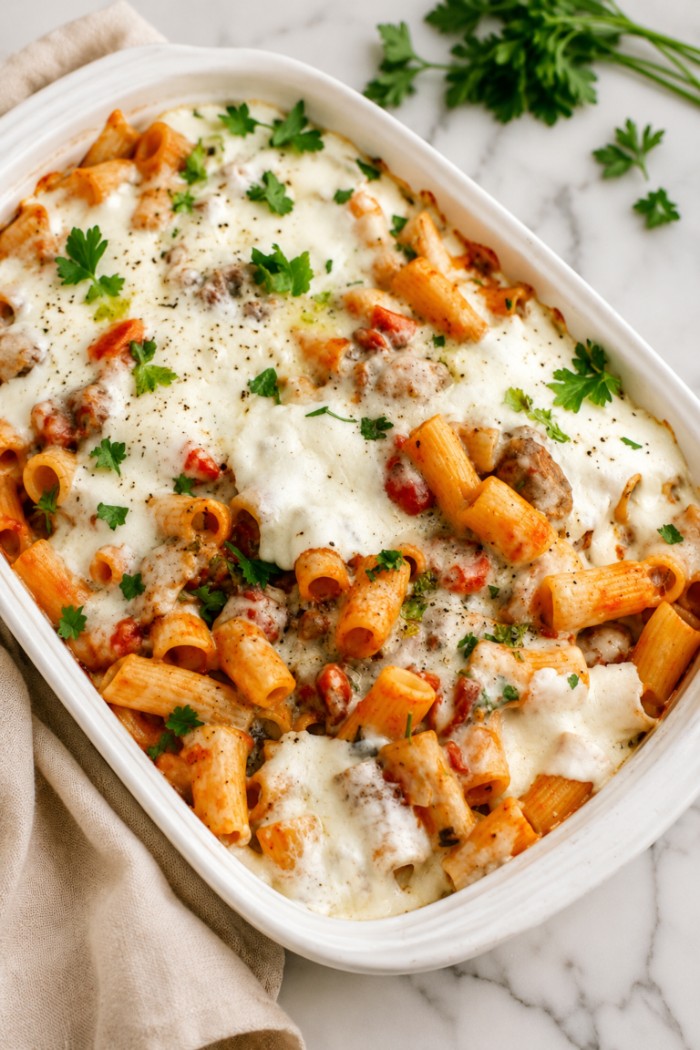 Cheesy baked rigatoni and Italian sausage casserole in a white baking dish on a marble countertop with a neutral linen towel.
