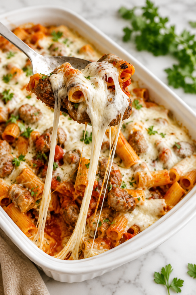 Serving spoon lifting cheesy baked rigatoni and Italian sausage casserole with melted mozzarella cheese pull from a white baking dish.