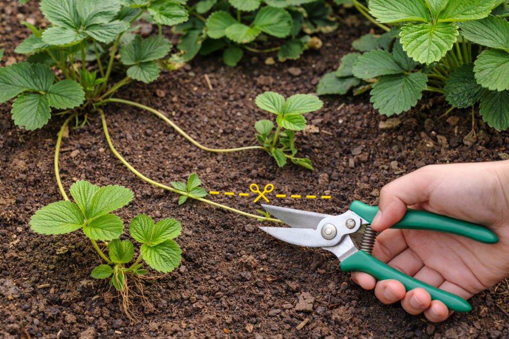 Hand cutting a strawberry runner between the mother plant and baby plant to propagate new strawberry starts.