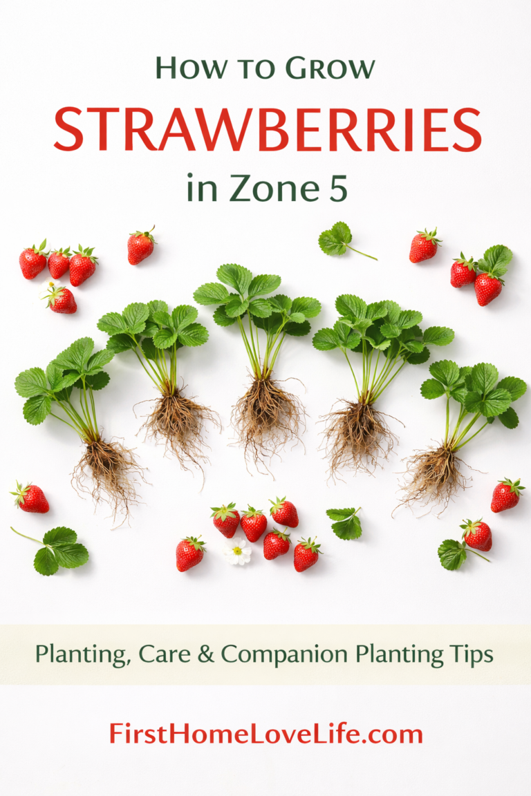 Pinterest graphic showing how to grow strawberries in Zone 5 with strawberry starts and fresh berries on a clean white background.