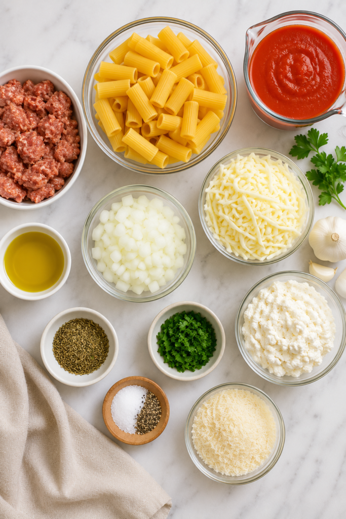 Flat lay of ingredients for baked rigatoni sausage casserole including rigatoni pasta, Italian sausage, marinara sauce, mozzarella cheese, ricotta cheese, onion, garlic, and seasonings on a marble countertop.