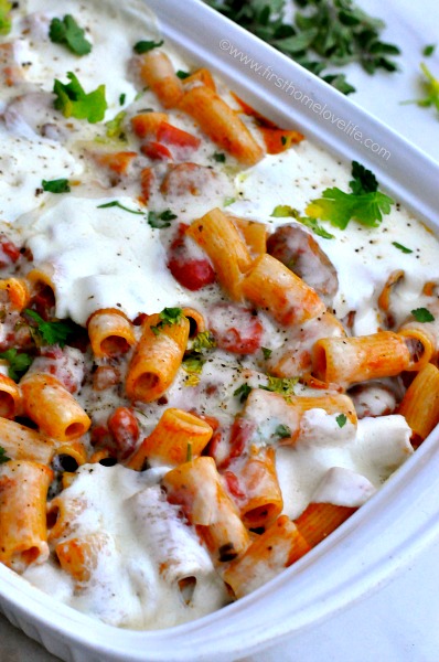 rigatoni with sausage and cheese via firsthomelovelife.com