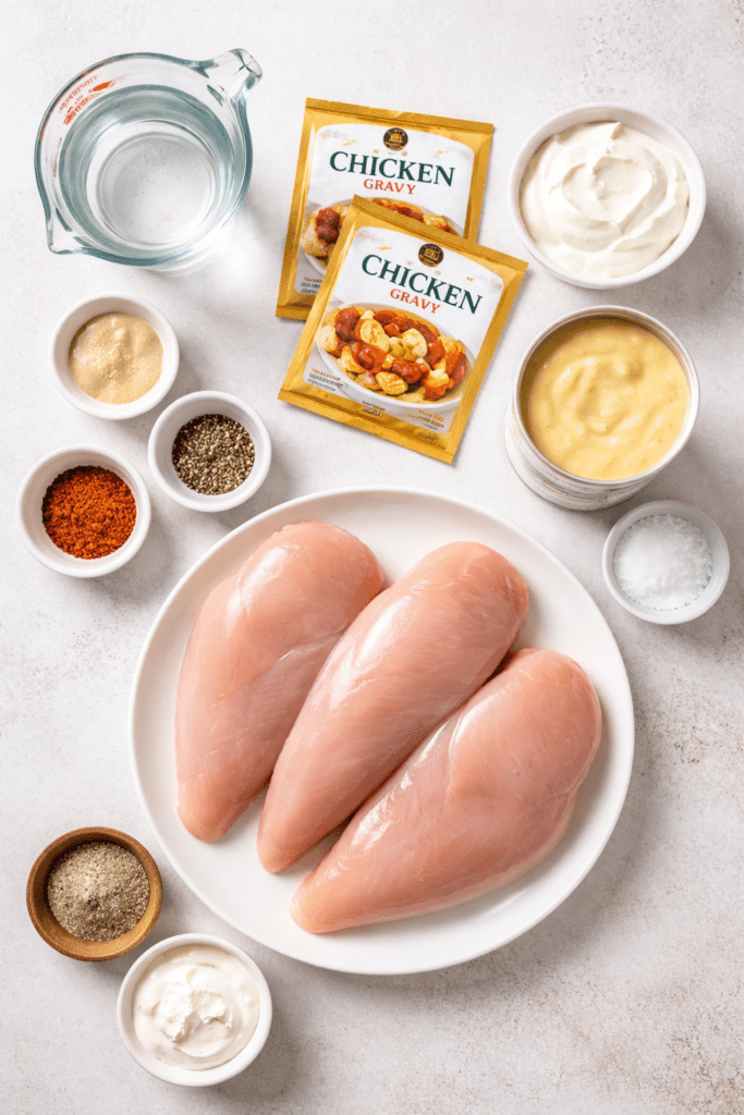 Ingredients for slow cooker chicken and gravy including chicken breasts, gravy mix, cream of chicken soup, sour cream, and seasonings