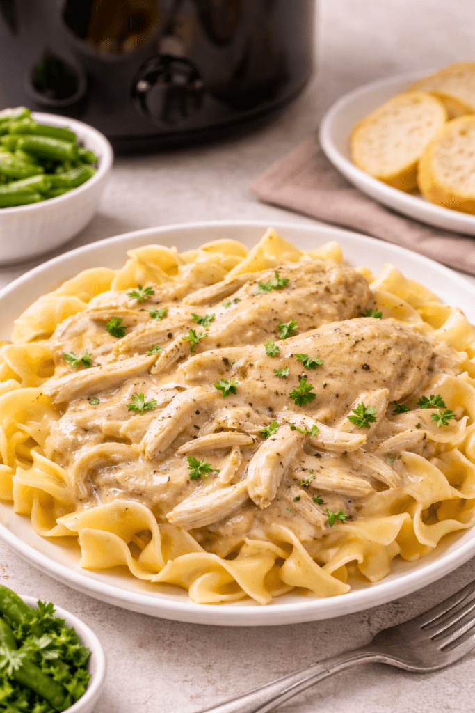Slow cooker chicken breast with creamy gravy served over egg noodles with crockpot in background