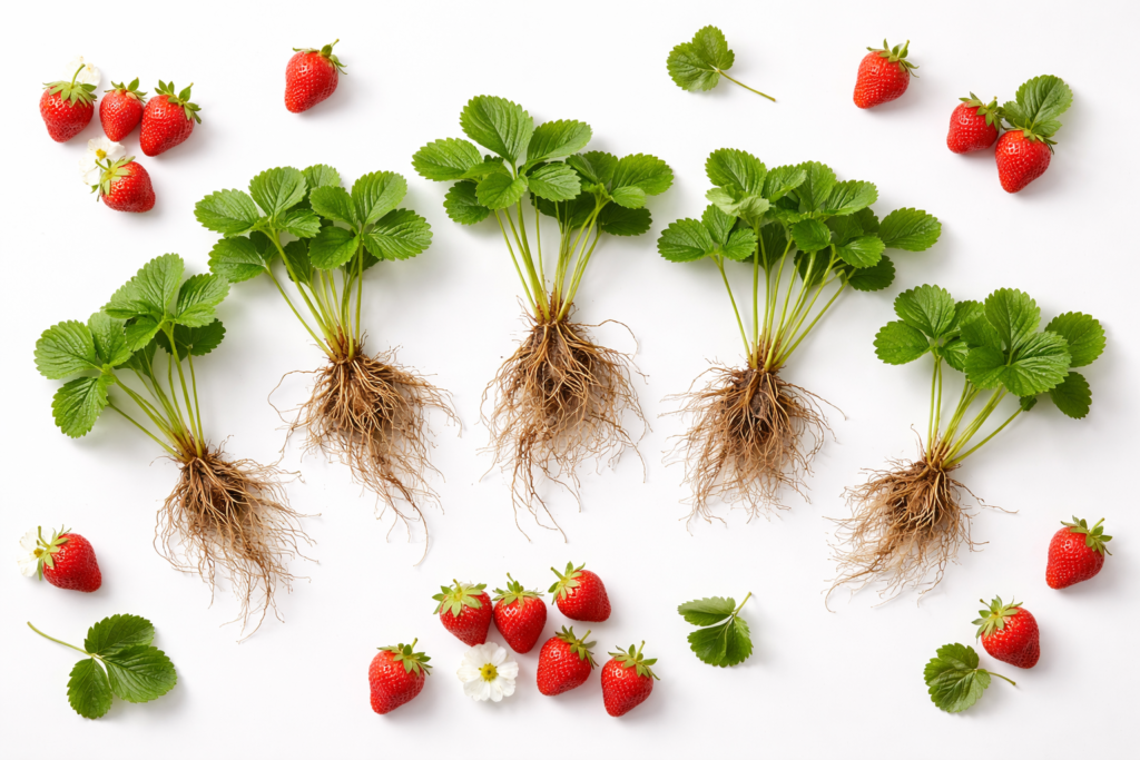 Bare root strawberry plants arranged in a clean flat lay with scattered fresh strawberries on a white background.
