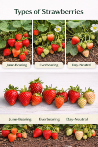 Labeled comparison of June-bearing, everbearing, and day-neutral strawberry varieties showing fruit differences.