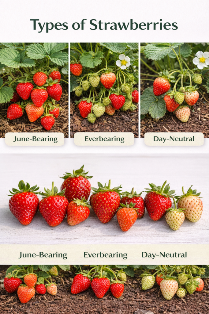 Labeled comparison of June-bearing, everbearing, and day-neutral strawberry varieties showing fruit differences.