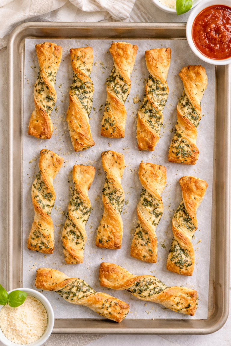 Overhead flat lay of baked herb cheese twists on a parchment-lined baking sheet, golden brown and topped with Parmesan and dried herbs.
