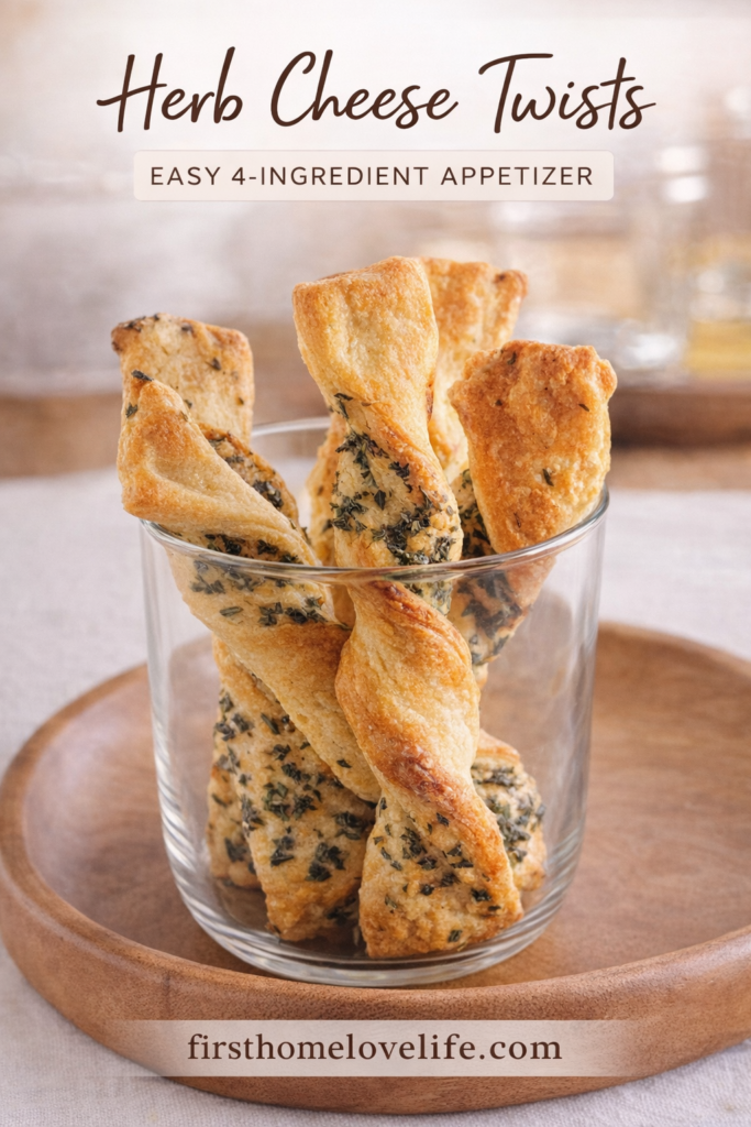 Herb cheese twists made with buttermilk biscuits, Parmesan cheese, and herbs, baked until golden brown and served in a glass for an easy appetizer.