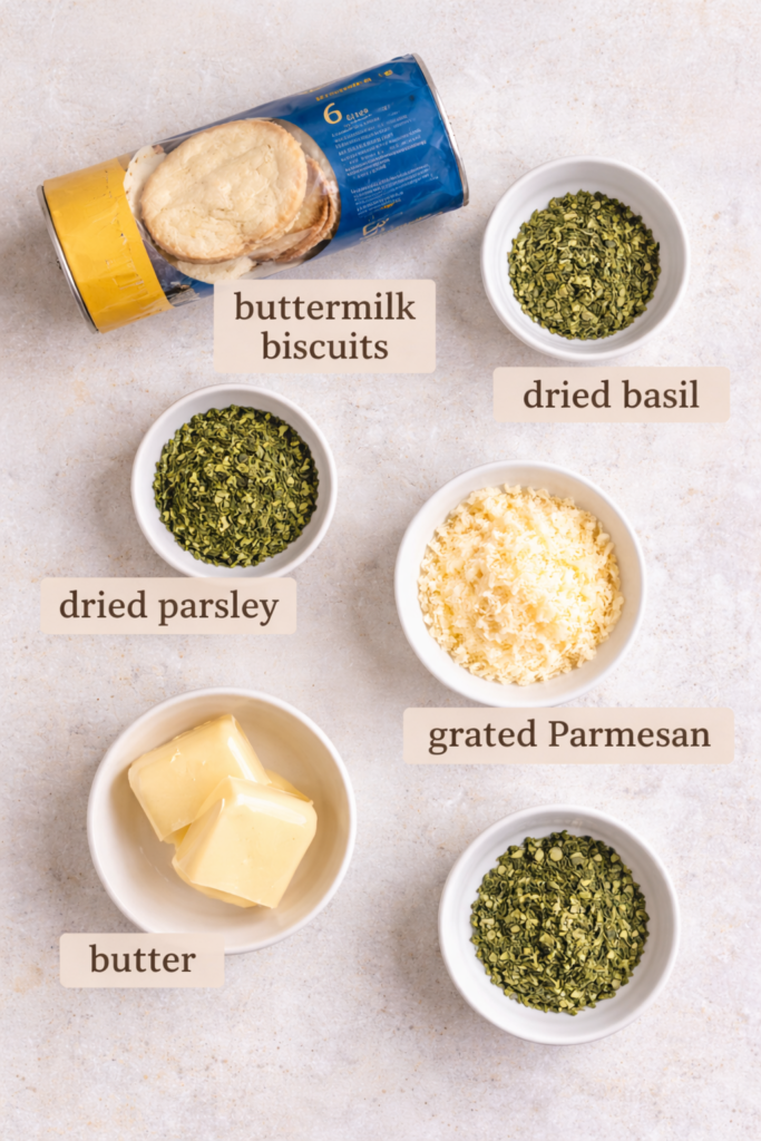 Flat lay of ingredients for herb cheese twists including buttermilk biscuits, butter, grated Parmesan cheese, dried parsley, and dried basil on a light neutral surface.