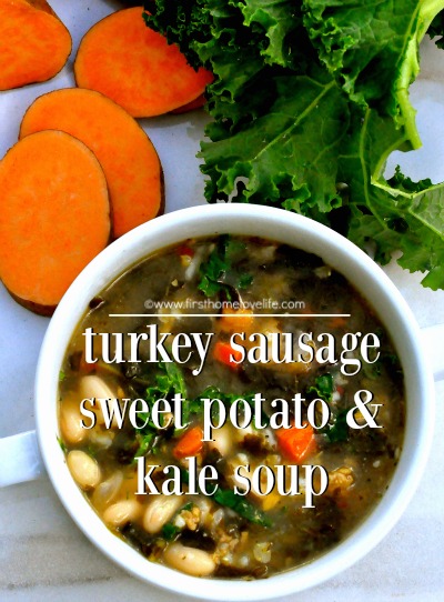 sausage sweet potato and kale soup recipe via firsthomelovelife.com
