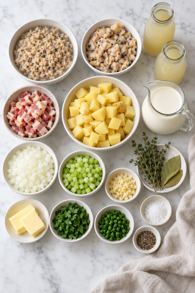 Overhead flat lay of ingredients for creamy homemade clam chowder on a white marble countertop