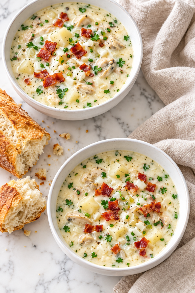 Two bowls of creamy homemade clam chowder with potatoes, clams, bacon, and fresh herbs