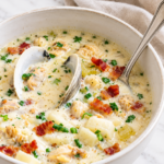 Creamy homemade clam chowder with potatoes, clams, bacon, and fresh herbs in a white bowl