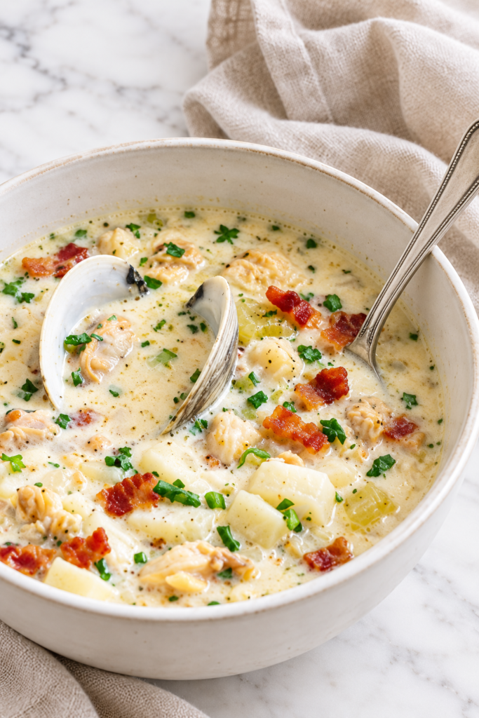 Creamy homemade clam chowder with potatoes, clams, bacon, and fresh herbs in a white bowl