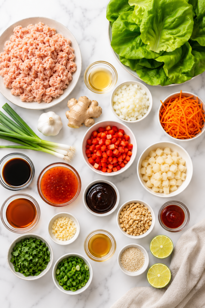 Flat lay of ingredients for Thai chicken lettuce wraps including ground chicken, butter lettuce, carrots, water chestnuts, green onions, garlic, ginger, soy sauce, hoisin sauce, sweet chili sauce, sesame oil, cilantro, peanuts, and lime.