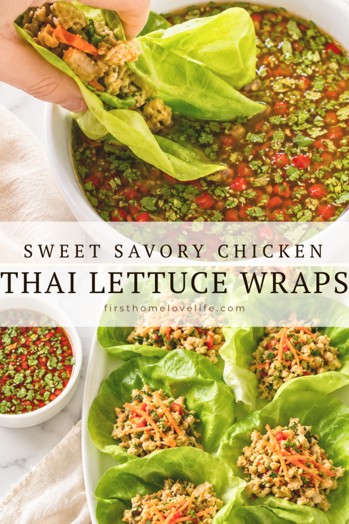 Hand dipping a homemade Thai chicken lettuce wrap into a sweet and savory Thai dipping sauce with fresh butter lettuce wraps on a white platter.